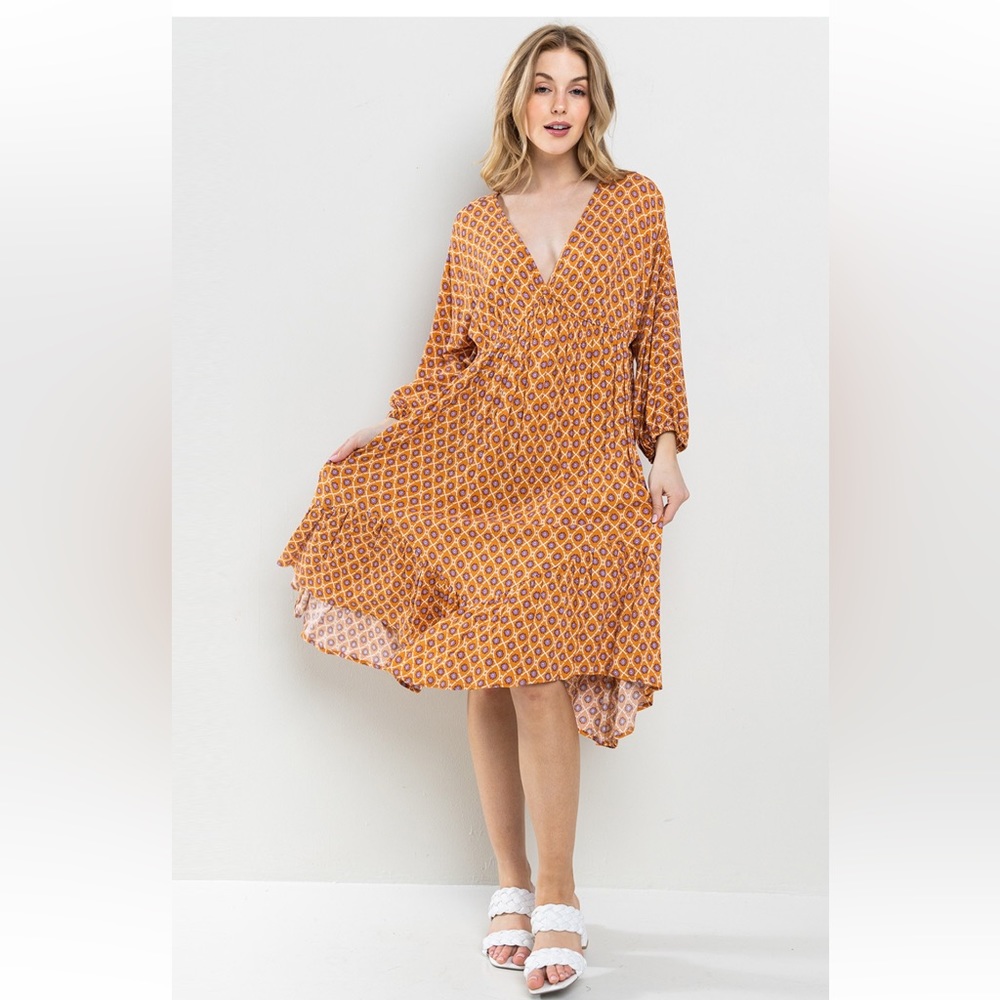Boho . V-Neck Woven Print Tiered Midi Dress